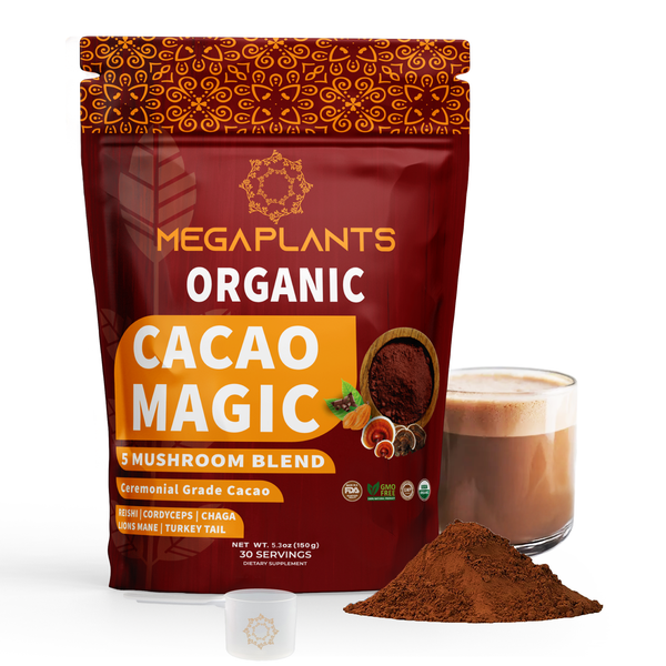 Megaplants Organic Cacao Magic mushroom blend packaging with a glass of cacao drink and powder on a white background.